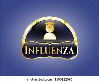  Golden emblem or badge with graduation icon and Influenza text inside