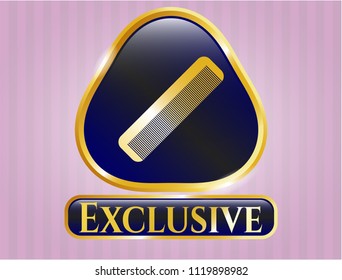  Golden emblem or badge with hair comb icon and Exclusive text inside