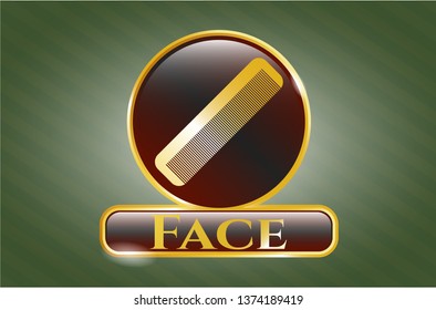  Golden emblem or badge with hair comb icon and Face text inside