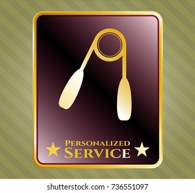 Golden emblem or badge with hand gripper icon and Personalized Service text inside