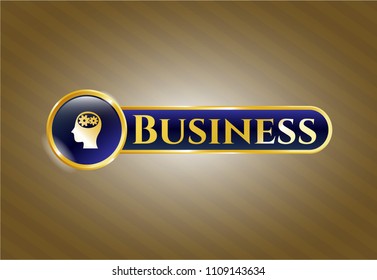   Golden emblem or badge with head with gears inside icon and Business text inside