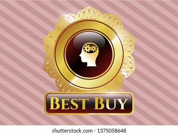  Golden emblem or badge with head with gears inside icon and Best Buy text inside