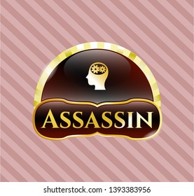  Golden emblem or badge with head with gears inside icon and Assassin text inside