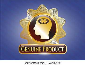  Golden emblem or badge with head with jigsaw puzzle piece icon and Genuine Product text inside