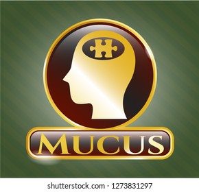  Golden emblem or badge with head with jigsaw puzzle piece icon and Mucus text inside