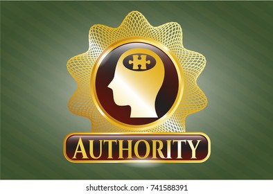  Golden emblem or badge with head with jigsaw puzzle piece icon and Authority text inside