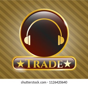  Golden emblem or badge with headphones icon and Trade text inside