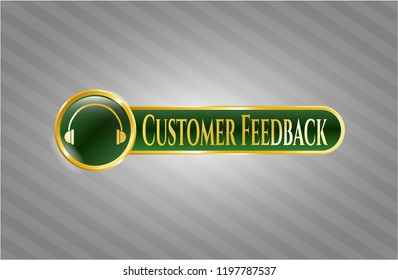  Golden emblem or badge with headphones icon and Customer Feedback text inside