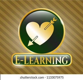  Golden emblem or badge with heart with arrow icon and E-Learning text inside