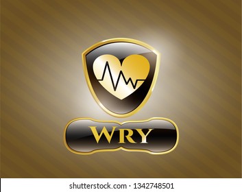  Golden emblem or badge with heart with electrocardiogram icon and Wry text inside
