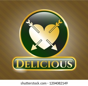  Golden emblem or badge with heart with two arrows icon and Delicious text inside