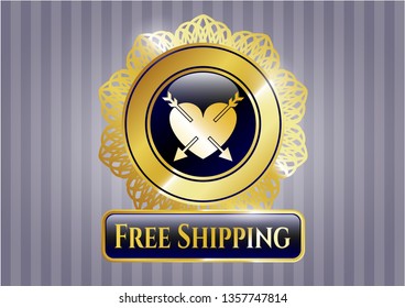  Golden emblem or badge with heart with two arrows icon and Free Shipping text inside