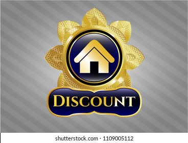   Golden emblem or badge with home icon and Discount text inside