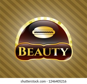  Golden emblem or badge with hot dog icon and Beauty text inside