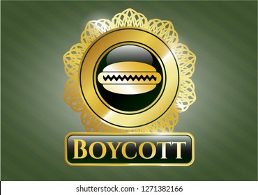  Golden emblem or badge with hot dog icon and Boycott text inside