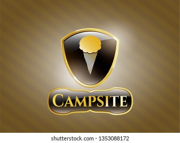  Golden emblem or badge with ice cream icon and Campsite text inside