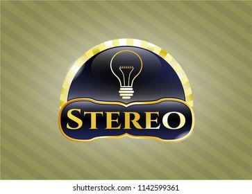  Golden emblem or badge with idea icon and Stereo text inside