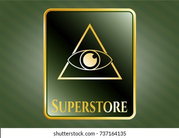  Golden emblem or badge with illuminati pyramid icon and Superstore text inside
