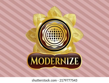 Golden emblem or badge with international icon and Modernize text inside