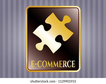  Golden emblem or badge with jigsaw puzzle piece icon and e-commerce text inside