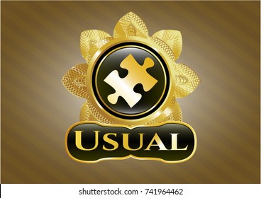  Golden emblem or badge with jigsaw puzzle piece icon and Usual text inside