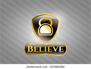   Golden emblem or badge with kettlebell icon and Believe text inside