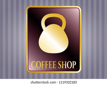  Golden emblem or badge with kettlebell icon and Coffee Shop text inside