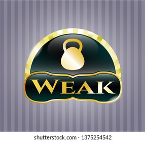  Golden emblem or badge with kettlebell icon and Weak text inside