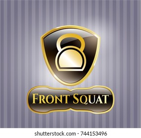  Golden emblem or badge with kettlebell icon and Front Squat text inside