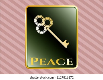  Golden emblem or badge with key icon and Peace text inside