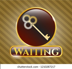  Golden emblem or badge with key icon and Waiting text inside