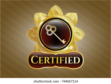  Golden emblem or badge with key icon and Certified text inside