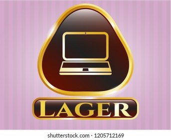  Golden emblem or badge with laptop icon and Lager text inside