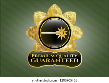  Golden emblem or badge with laser icon and Premium Quality Guaranteed text inside