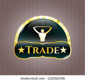  Golden emblem or badge with lat pull down, exercise icon and Trade text inside