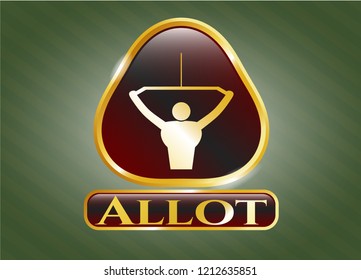  Golden emblem or badge with lat pull down, exercise icon and Allot text inside