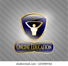 Golden emblem or badge with lat pull down, exercise icon and Online Education text inside