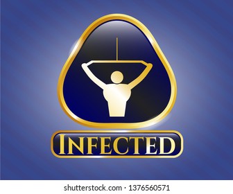  Golden emblem or badge with lat pull down, exercise icon and Infected text inside
