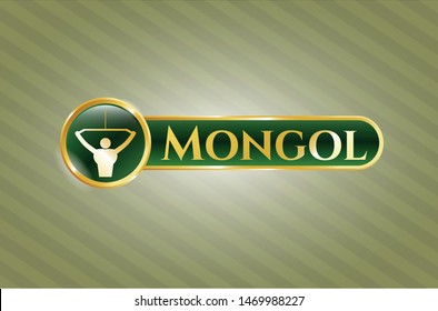  Golden emblem or badge with lat pull down, exercise icon and Mongol text inside