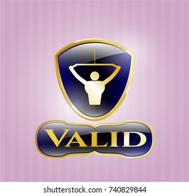  Golden emblem or badge with lat pull down, exercise icon and Valid text inside