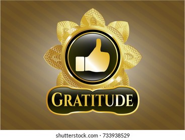 Golden emblem or badge with like icon and Gratitude text inside