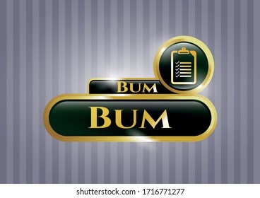 Golden emblem or badge with list icon and Bum text inside