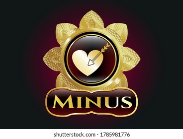 Golden emblem or badge with love icon and Minus text inside