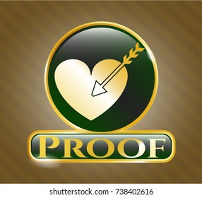  Golden emblem or badge with love icon and Proof text inside