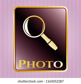  Golden emblem or badge with magnifying glass icon and Photo text inside