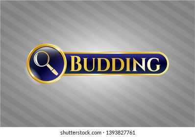  Golden emblem or badge with magnifying glass icon and Budding text inside