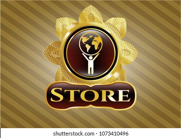    Golden emblem or badge with man lifting world icon and Store text inside