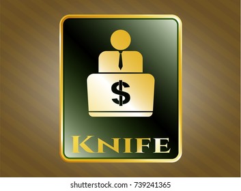  Golden emblem or badge with man working on computer icon and Knife text inside