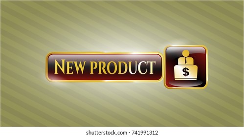 Golden emblem or badge with man working on computer icon and New Product text inside