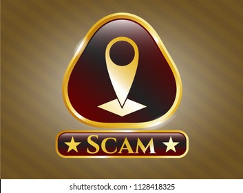  Golden emblem or badge with map pointer icon and Scam text inside